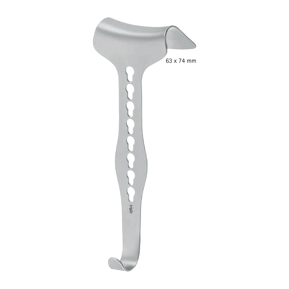 BV338R Collin Abdominal Self-Retaining Retractor – center blade · 63 x 74 mm · 220 mm · to be used with BV524R; to be used with BV366R + BV367R + BV556R + BV557R