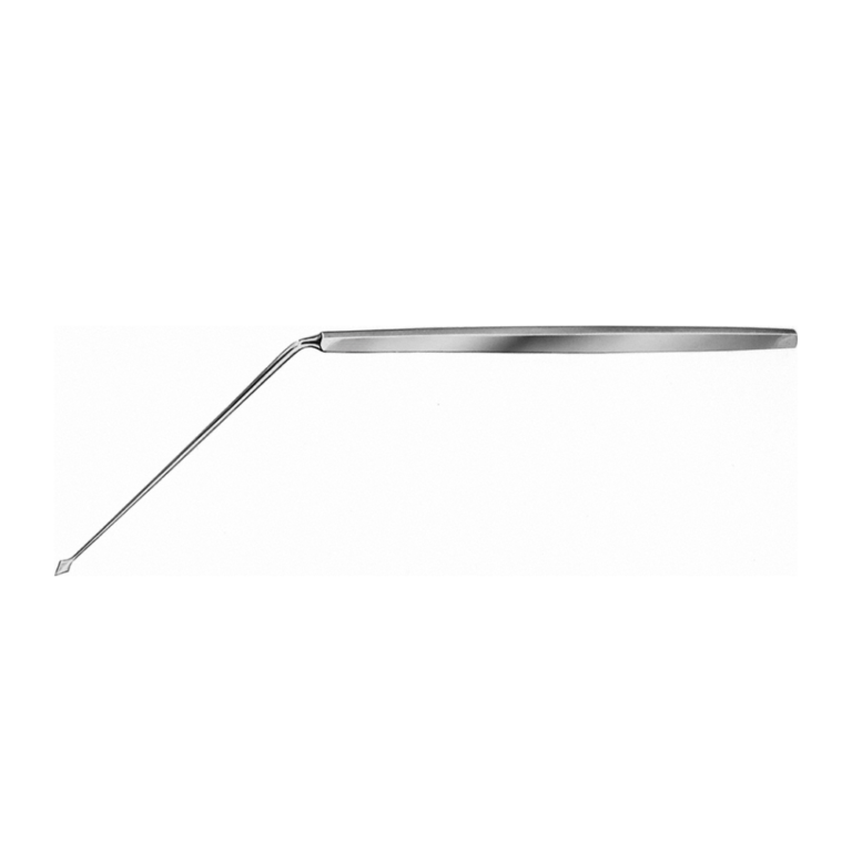 POLITZER Tympanum Perforator, angled, knee bent, 45 °, 155 mm (6 1/8″), blade width: 3 mm, sharp
